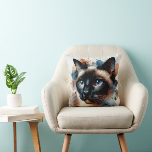 Aquarell Siamese Katze Farbiges Portrait Kissen