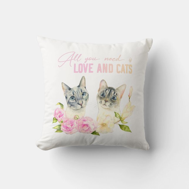 Aquarell-siamesische Katzen-Typografie Kissen (Vorderseite)