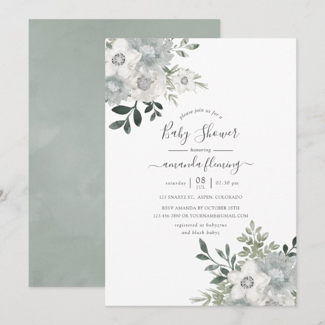 Aquarell Silber Sage Floral Baby Dusche Einladung (Vorne/Hinten)