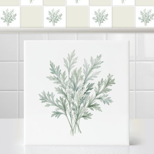 Aquarell Silbergrüner Wermutblätter Bouquet Fliese