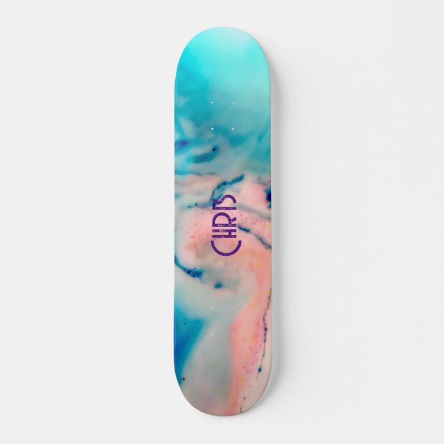 Aquarell-Skate mit Blautönfarbe Rosa Skateboard (Vorne)