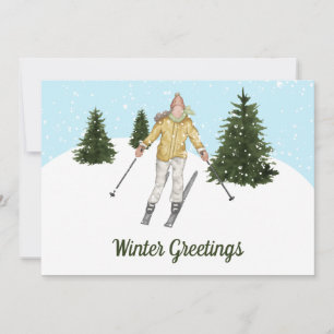 Aquarell-Ski-Woman Individuelle Wintergrüße Feiertagskarte