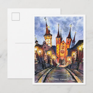 Aquarell-Skizze alte Mainbrücke Würzburg Deutschla Postkarte