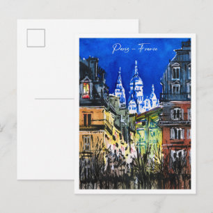 Aquarell-Skizzen-Nacht Paris Frankreich Postkarte