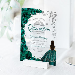 Aquarell Smaragdgrüne Rosen Silber Quinceanera Acryleinladungen