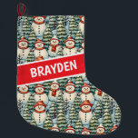 Aquarell Snowman Weihnachten Personalisiert Großer Weihnachtsstrumpf<br><div class="desc">Wasserfarbene,  gemütliche Schneemänner in warmen Rottüchern und warmen Strick Hüten und einem hübschen grünen,  roten und blauen Kiefernhintergrund personalisierter Weihnachtsfeiertag.</div>