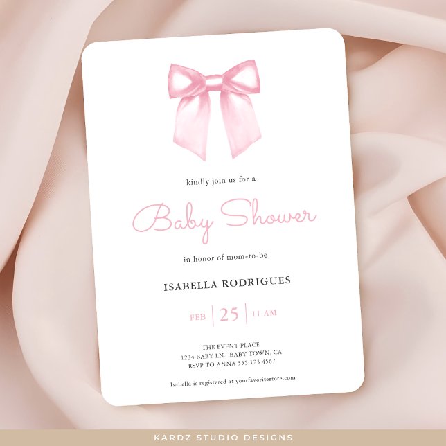 Aquarell Soft Pink Bow Kinderdusche Einladung (Invitation in 5 x 7 inches with rounded corners. Choose corner and paper style, prints or digital.)