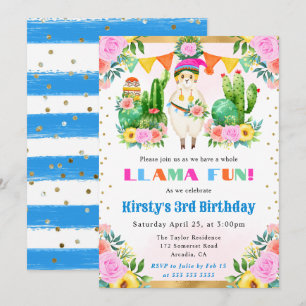Aquarell-Sommer-Blumen-Lama-Kindergeburtstag Einladung