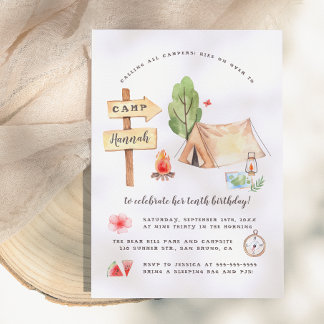 Aquarell Sommer Camping Mädchen Geburtstagsfeier Einladung