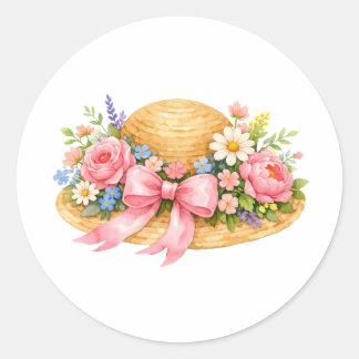 Aquarell-Sommerhut mit Blumen und Band  Runder Aufkleber