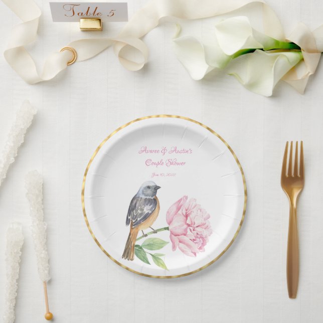 Aquarell-Songbird und Rose-Dusche Pappteller (Hochzeit)