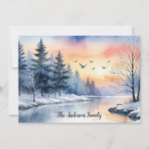 Aquarell-Sonnenaufgang Wintervögel See Weihnachten