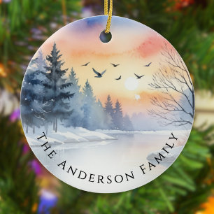 Aquarell-Sonnenaufgang Wintervögel See Weihnachten Keramik Ornament