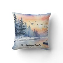 Aquarell-Sonnenaufgang Wintervögel See Weihnachten