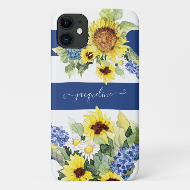 Aquarell Sonnenblume Blütenblau n Weiß Streifen Case-Mate iPhone Hülle (Rückseite)