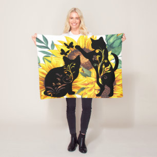 Aquarell Sonnenblume Bouquet Katze Silhouette Fleecedecke