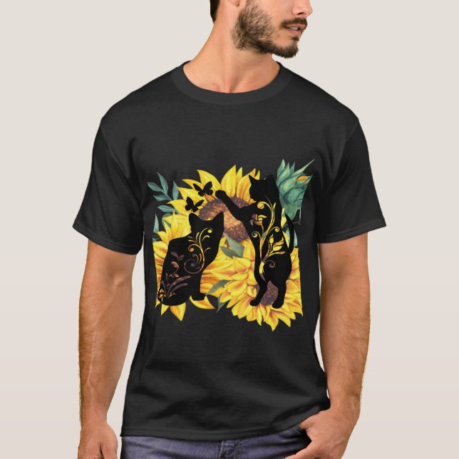 Aquarell Sonnenblume Bouquet Katze Silhouette T-Shirt (Vorderseite)