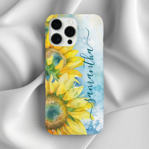 Aquarell-Sonnenblume Dunkles Türkis Weibliches Sig iPhone 16 Pro Max Hülle