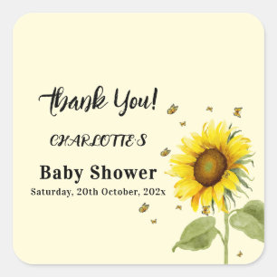 Aquarell-Sonnenblume & Schmetterlinge Baby Shower Quadratischer Aufkleber