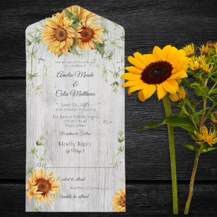 Aquarell Sonnenblumen auf weißem Holz All In One Einladung