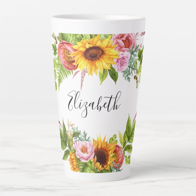 Aquarell Sonnenblumen Blumenname Grosser Name Milchtasse (Vorderseite)