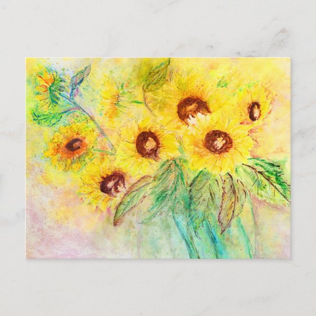 Aquarell Sonnenblumen. Blumenstrauß gemalt. Postkarte (Vorderseite)