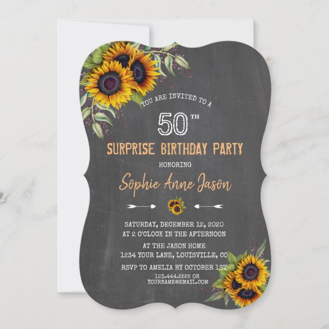 Aquarell Sonnenblumen Chalkboard 50 Geburtstag Einladung (Vorderseite)