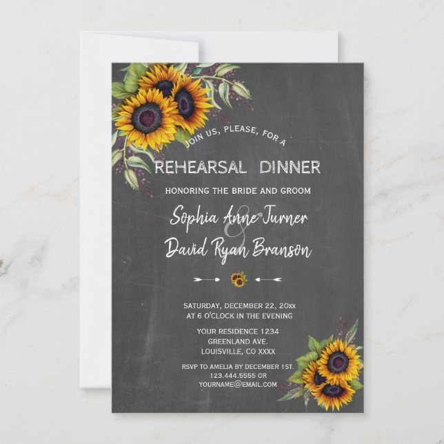 Aquarell Sonnenblumen Chalkboard Probe Dinner Einladung (Vorderseite)
