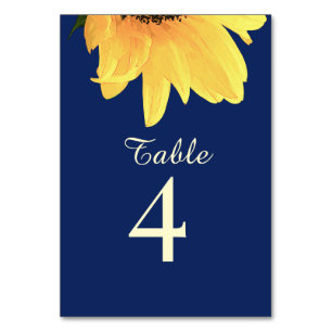 Aquarell-Sonnenblumen dunkelblaue Hochzeit Tischnummer