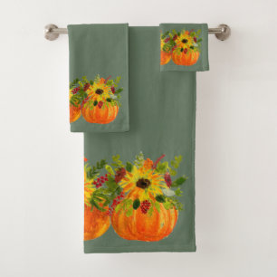 Aquarell-Sonnenblumen-Erntedank-Kürbisse Herbst Badhandtuch Set