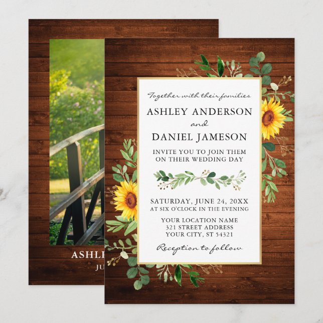 Aquarell Sonnenblumen Foto Hochzeit Einladung (Vorne/Hinten)