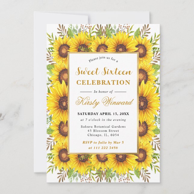 Aquarell Sonnenblumen Grenzrahmen Sweet 16 Einladung (Vorderseite)