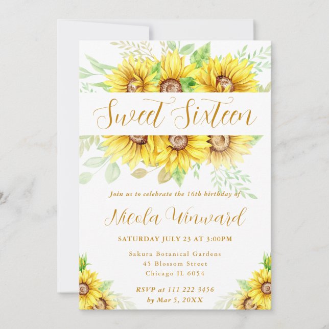 Aquarell Sonnenblumen Grenzrahmen Sweet 16 Einladung (Vorderseite)