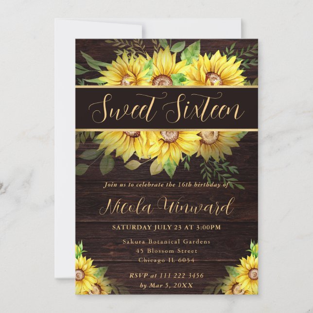 Aquarell Sonnenblumen Grenzrahmen Sweet 16 Einladung (Vorderseite)