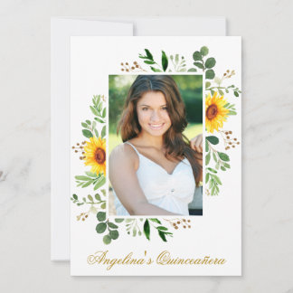 Aquarell Sonnenblumen Grünes Foto Quinceanera Einladung