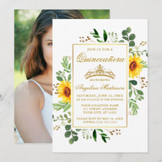 Aquarell Sonnenblumen Grünes Foto Quinceanera Einladung