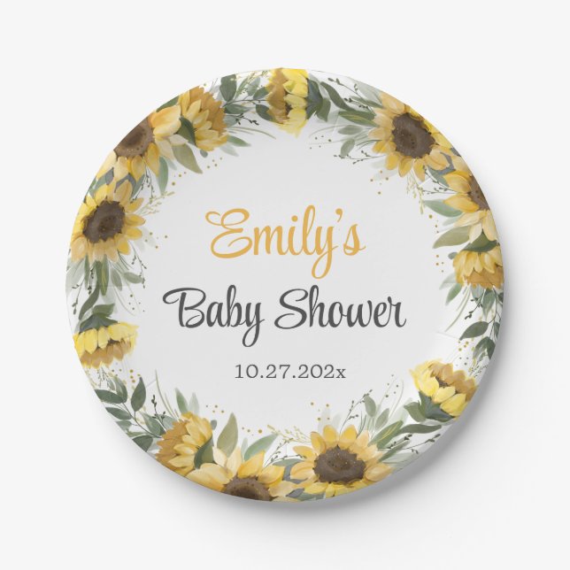 Aquarell Sonnenblumen Grünpflanzen Babydusche Papi Pappteller (Vorderseite)