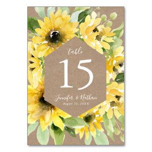 Aquarell-Sonnenblumen-Kraftpapier Hochzeit Tischnummer