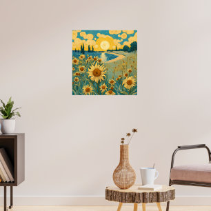 Aquarell-Sonnenblumen-Landschaft im Stil von Van G Poster