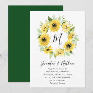 Aquarell-Sonnenblumen-Monogramm-Kranz Hochzeit Einladung