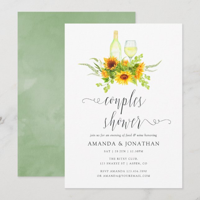 Aquarell Sonnenblumen Paare Dusche Weinprobe Einladung (Vorne/Hinten)