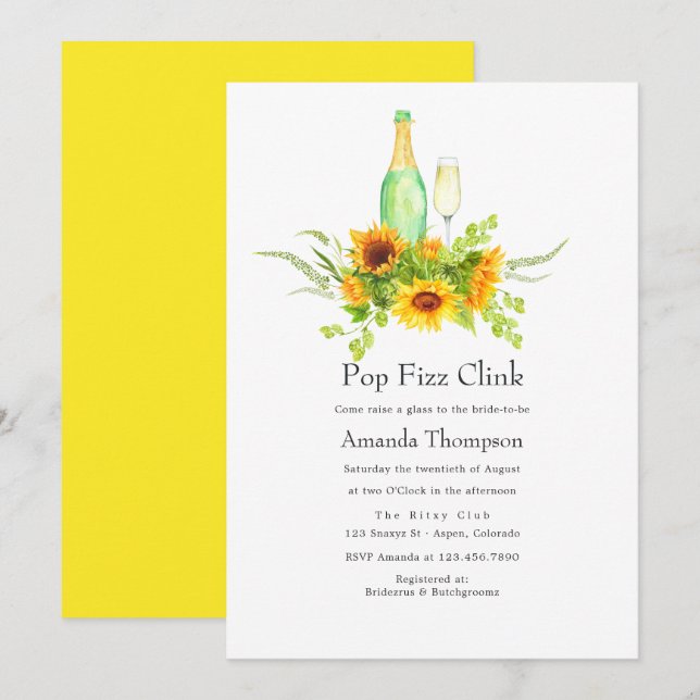 Aquarell Sonnenblumen Pop Fizz Clink Brautparty Einladung (Vorne/Hinten)