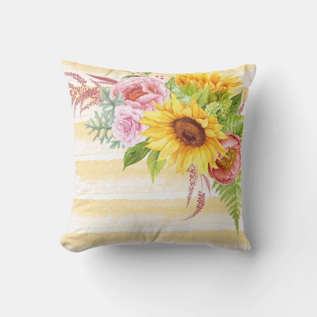 Aquarell Sonnenblumen Rose Peonies Streifen Kissen (Vorderseite)