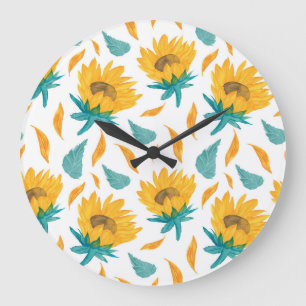 Aquarell-Sonnenblumen: Sommer Botanischer Druck Große Wanduhr