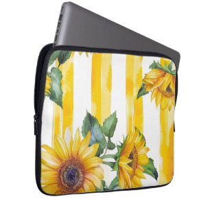 Aquarell-Sonnenblumen- und gelbes Streifenmuster Laptopschutzhülle
