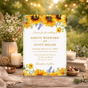 Aquarell-Sonnenblumen und Gold-Glitter-Hochzeit Einladung