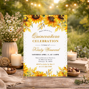 Aquarell-Sonnenblumen und Gold-Glitter Quinceanera Einladung