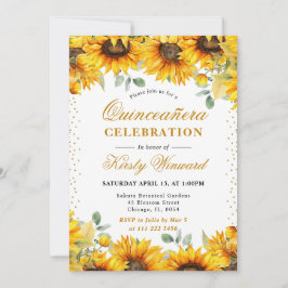 Aquarell Sonnenblumen und Gold Glitzer Quinceanera Einladung