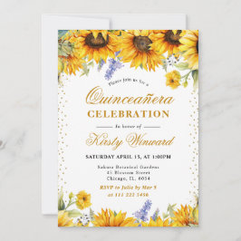 Aquarell Sonnenblumen und Gold Glitzer Quinceanera Einladung