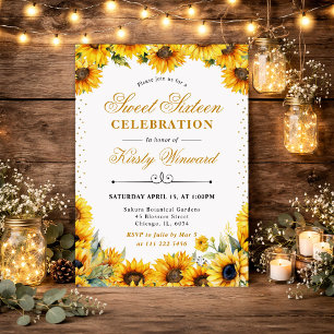 Aquarell-Sonnenblumen und goldener Glitter Sweet S Einladung